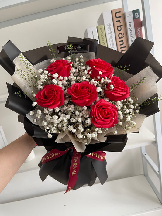 Red rose (soap flower) with baby breath