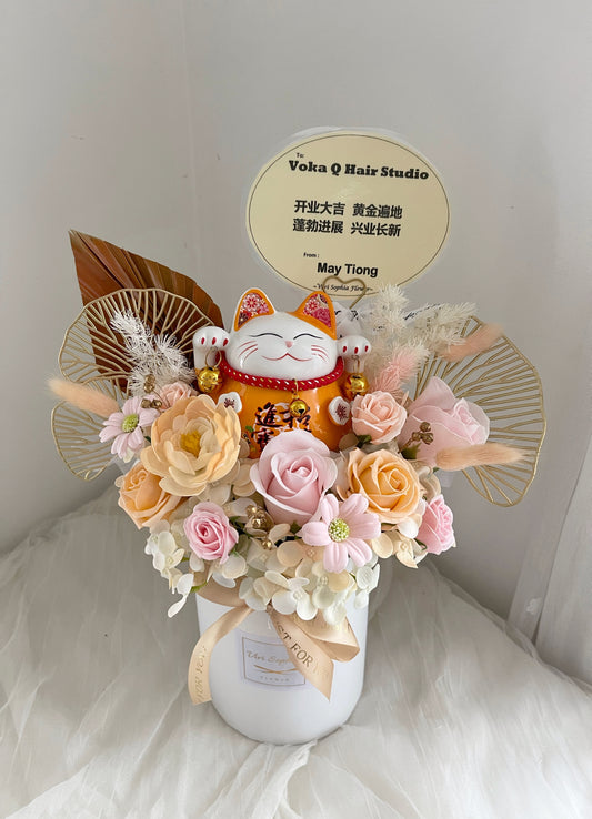 Grand opening table arrangement with fortune cat soap flower