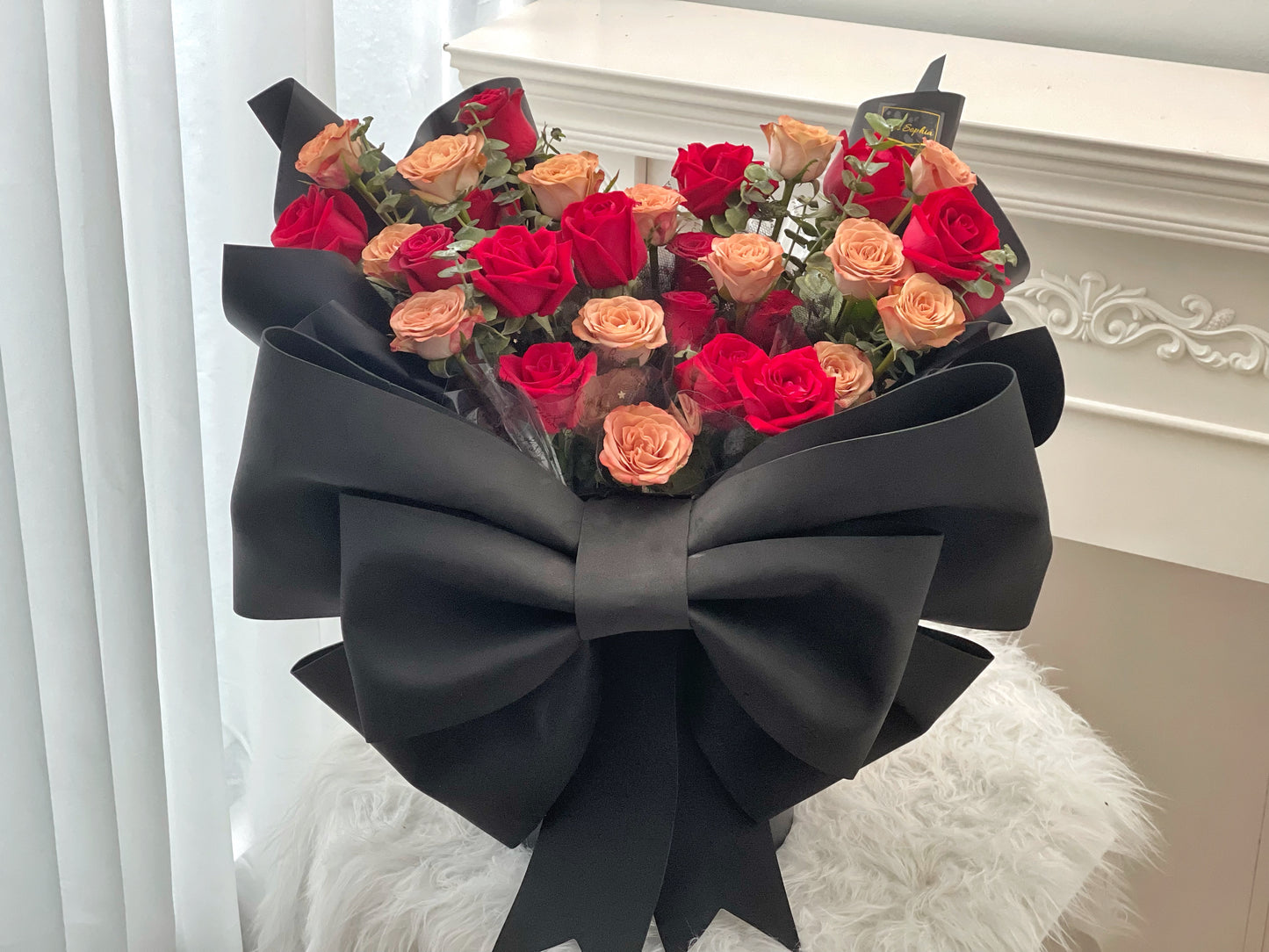 Cappuccino & Red roses with big ribbon